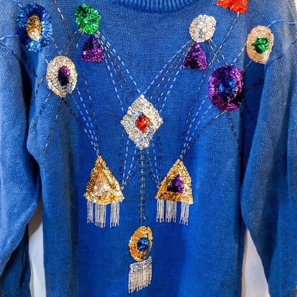 Vintage 80s Sequin Blue Sweater Dress - Picture 8 of 16